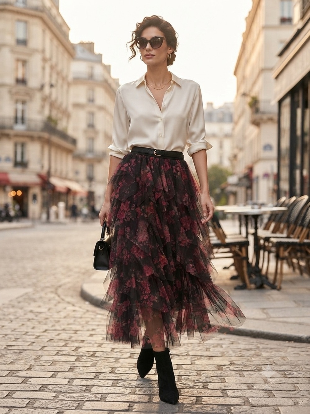 Floral Layered Tulle Midi Skirt in Black and Burgundy